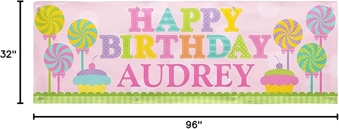 Let's Make Memories Personalized Pink Happy Birthday Banner for Kids - Custom Birthday Party Decorations - Indoor/Outdoor Vinyl - Any Name - Sweets Design - 8ft