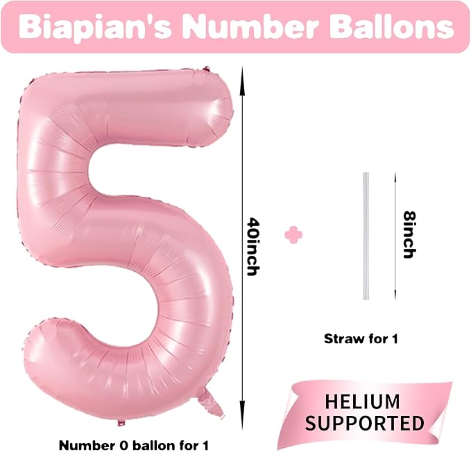 40 Inch Pink Number 5 Balloon, Light Pink Number Balloons Set 0-9, Large Baby Pink 5 Balloon Numbers, Pastel Pink Foil Digital 5 Balloons Helium for Girls Baby Shower 5th Birthday Party Decorations