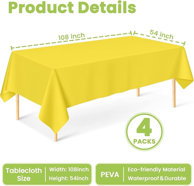 Mulbozy Yellow Plastic Table Cloth Disposable 4 Pack, 54 × 108 Inch Tablecloths Rectangle, Yellow Plastic Table Cover for Party Decor