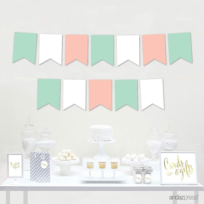Andaz Press Hanging Pennant Banner with String, Mint Green, White, Peach, 1-Set, 24 Pennants, Approx. 12-Feet Long, Girl's 1st Birthday Baptism Communion Theme Colored Supplies