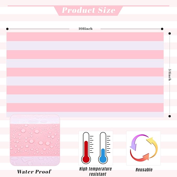 Kesfey 5 Pack Pink and White Vertical Striped Tablecloth - 54 x 108 Inch Waterproof Pink Striped Picnic Table Cover for Birthday Party