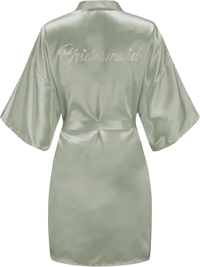 EPLAZA Women's One Size Silver Rhinestones Bride Bridesmaid Short Satin Robes for Wedding Party Getting Ready