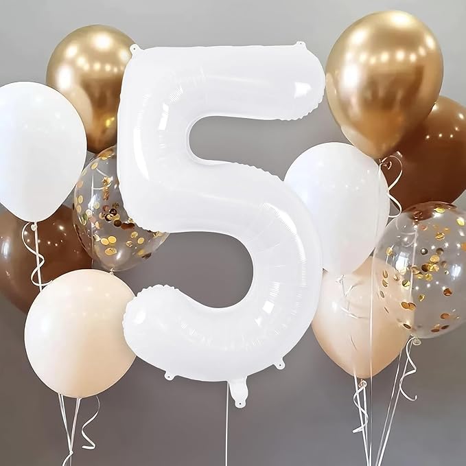 White Number Balloons 40 Inch Helium Mylar Number 5 Balloon for Birthday Party Anniversary Decoration (White, 5)