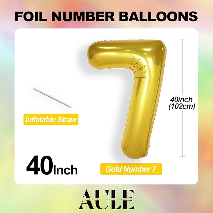 AULE 40 Inch Big Gold 7 Balloon Number Large Foil Helium Number Balloons 0-9 Jumbo Giant Happy 7th Birthday Party Decorations for Boy or Girl Huge Mylar Anniversary Party Supplies