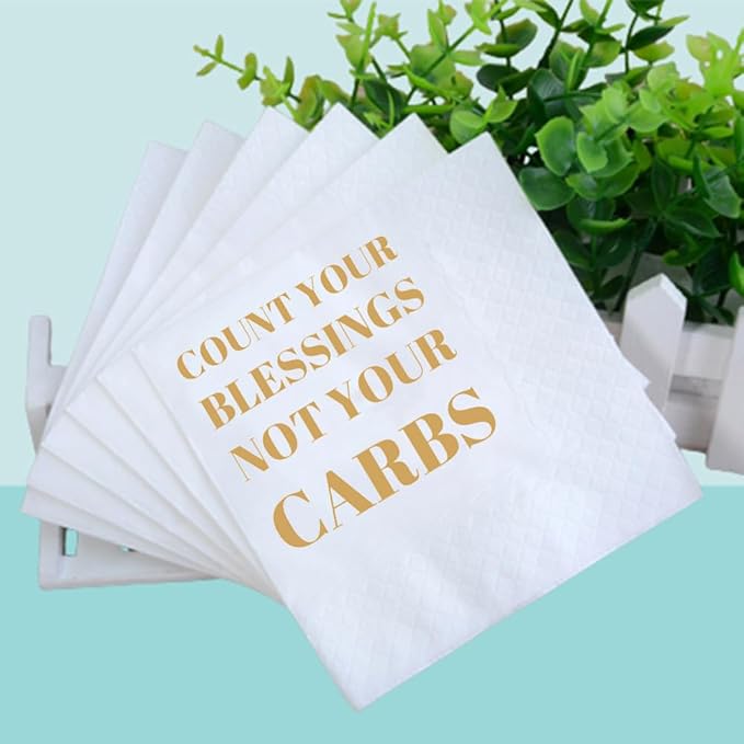 Funny Cocktail Napkins 100Pcs Funny Quotes Saying Disposable Paper Party Napkins 4.5 x 4.5 Two-ply (Count Your Blessings Not Your Carbs Napkins)