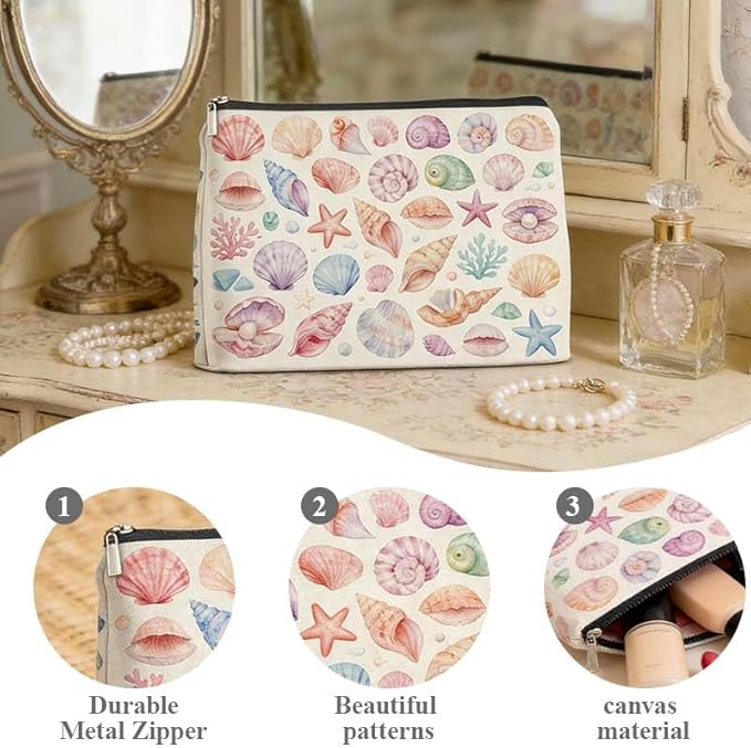 Beach Makeup Bag Colorful Ocean Seashell Starfish Makeup Bag Seaside Vacation Essential Gifts for Girls Mom Beaches Party Gifts for Women