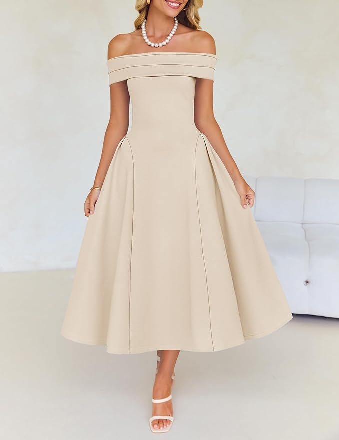 ZESICA Summer 2026 Cocktail Dresses for Women's Off Shoulder Short Sleeve Swing A Line Wedding Evening Party Midi Dress