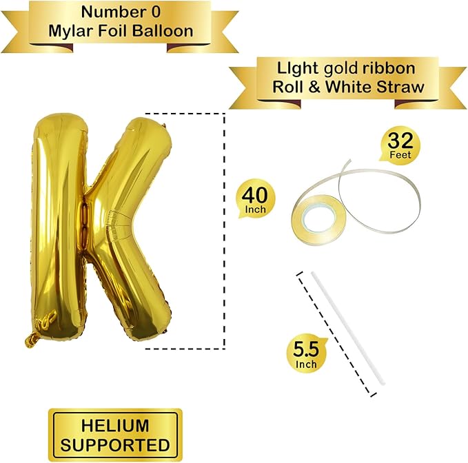 Letter Balloons Gold Party Balloon - 40 Inch Large Gold Letter K Balloon, Letter Balloon Birthday Decorations, Balloon for Women Men Anniversary Party Decorations Supplies