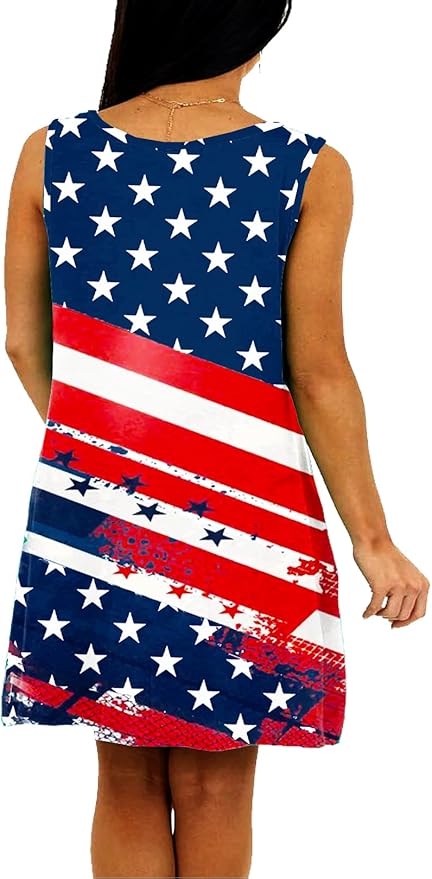 Deerose Women 4th of July Sleeeveless Dress Patriotic V Neck Tank Dresses with Pockets