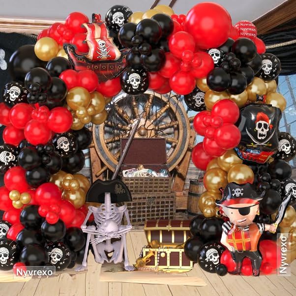 Pirate Birthday Party Decorations, 142Pcs Red Black Metallic Gold Balloon Garland Arch Kit with Pirate Ship Foil Mylar Balloon for Halloween Pirate Summer Sea Sailing Adventure Ocean Theme Party