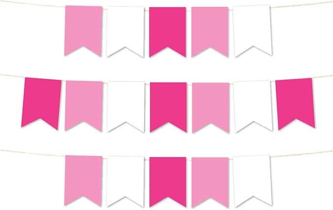 Andaz Press Hanging Pennant Banner with String, Pink, White, Fuchsia, 1-Set, 24 Pennants, Approx. 12-Feet Long, Girl's Birthday Theme Colored Supplies