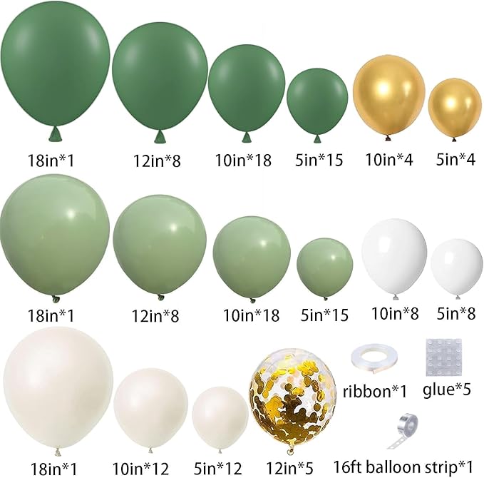 CboDeco Sage Green Balloon Garland Arch Kit, Sage Green Olive White Gold Balloons in 18 12 10 5 inch, Metallic Confetti Balloons for First Communion Safari Baby Shower Birthday Baptism Decorations