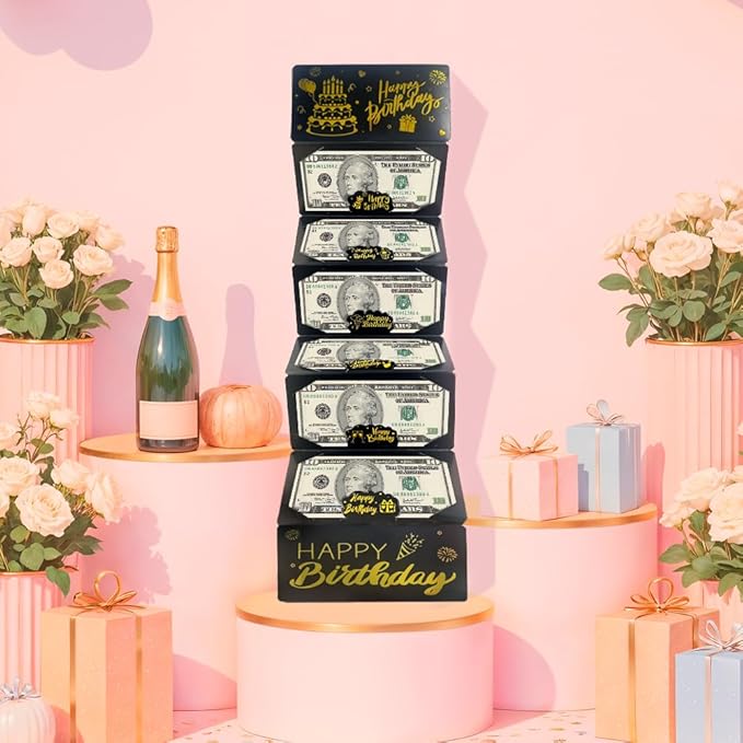 Black Gold Happy Birthday Envelope for Cash, DIY Money Holder with 6 Slots for Cash, Surprise Card Holder for Birthday, Money Gift Card for Men Women