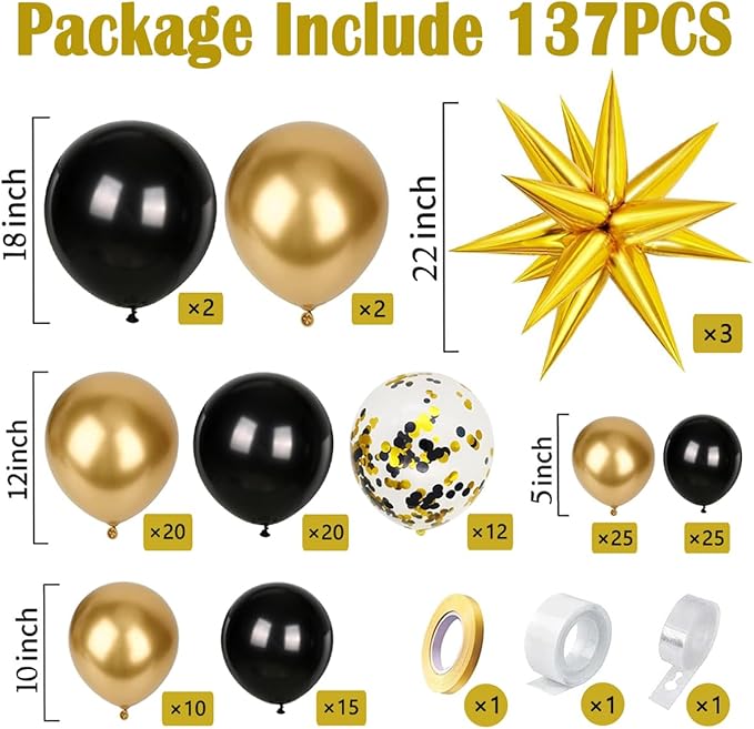 Black and Gold Balloon Garland Arch Kit, Black Gold Confetti Balloons for Retirement Men Birthday Graduation Decorations 2026 Class Grad Prom Bachelorette Anniversary Party Decorations