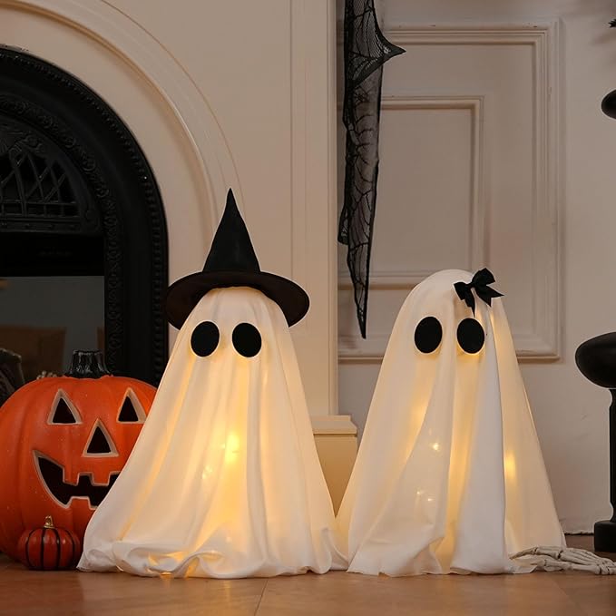 [Timer] Light Up Halloween Scary Ghost Decorations, Set of 2 DIY Spooky Crafts for Indoor Home Mantel Shelf & Tabletop Decor White