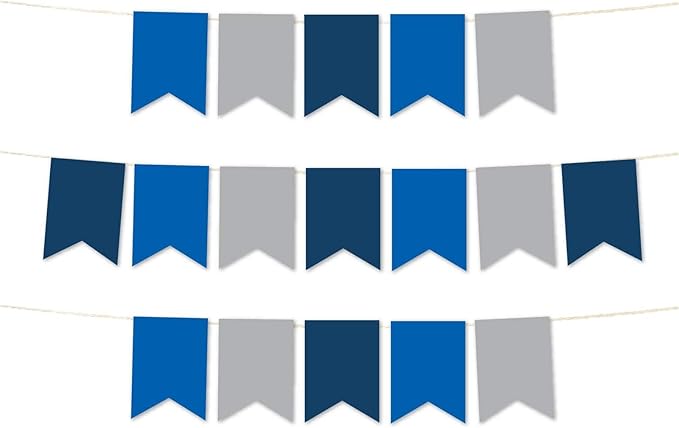 Andaz Press Hanging Pennant Banner with String, Royal Blue, Silver, Navy Blue, 1-Set, 24 Pennants, Approx. 12-Feet Long