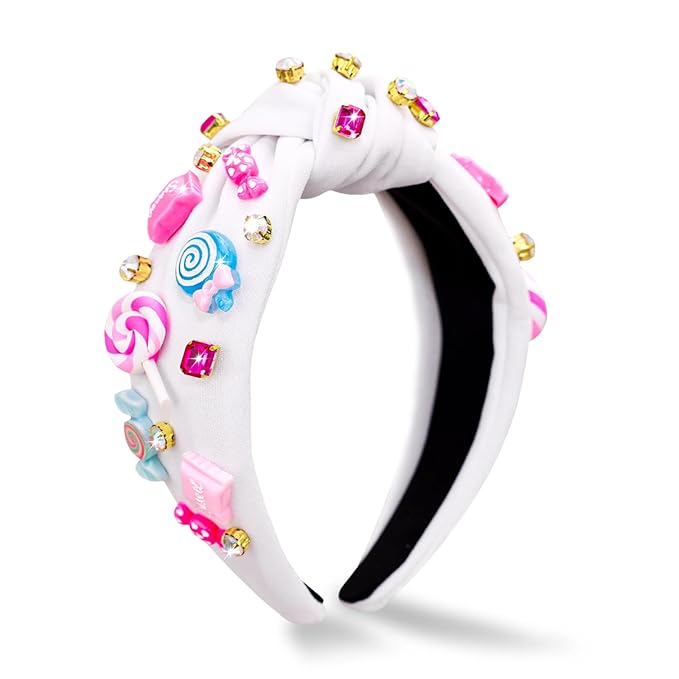 Candy Knotted Headbands for Women, Lollipop Sugar Charms Rhinestone Jeweled Wide Cute Headband for Girls, Fashion Hairband Hair Accessories Birthday Holiday Candyland Party Favors Gifts - White