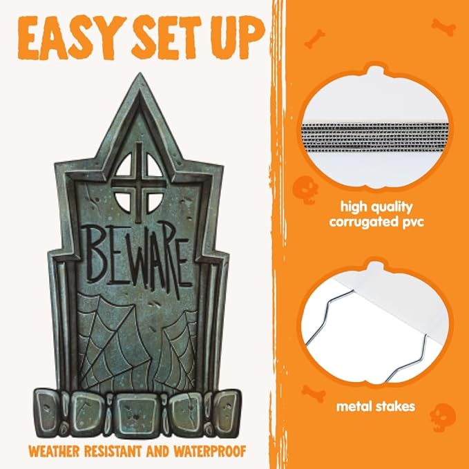 JOYIN 16" 9 Pcs Halloween Tombstones Decorations Outdoor Graveyard Decor, Yard Lawn Cemetery Plastic Headstones with 18 Metal Stakes for Halloween Indoor Prop Decorations, Party Decor Supplies