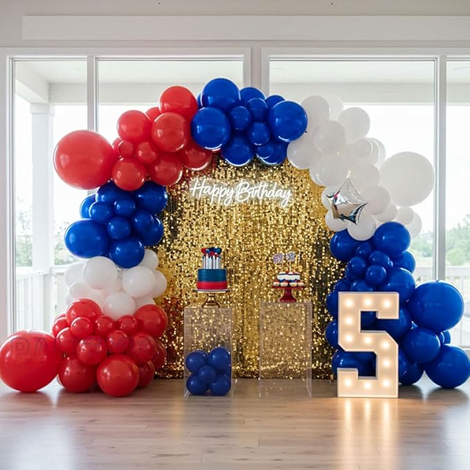 Red White and Blue Balloon Arch Kit with Silver Star – Double-Stuffed Balloons in 5"/12"/18" for 4th of July, Graduation, Patriotic Birthday, Baseball Party Decorations