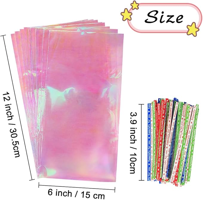 HRX Package 120pcs Iridescent Cellophane Treat Bags with Ties, 6x12 inch Holographic Plastic Goody Bags for Candy Party Favors Small Gifts