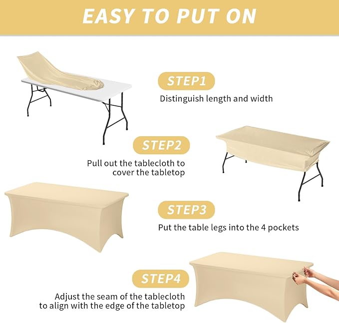 Fixwal 3 Pack Champagne Beige Cream Stretch Spandex Tablecloth 6FT - Fitted Washable Wrinkle Resistant Rectangular Table Cover for Wedding Trade Show Party Event [72Lx30Wx30H Inch]