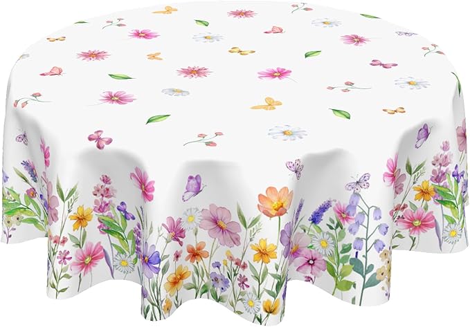 Pink Floral Tablecloth Round 70 Inch Spring Yellow and Pink Wildflower Outdoor Table Cloth Farmhouse Butterfly Flower Table Cover for Kitchen Dinner Room Holiday Party Indoor Outdoor Home Decor