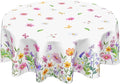 Pink Floral Tablecloth Round 70 Inch Spring Yellow and Pink Wildflower Outdoor Table Cloth Farmhouse Butterfly Flower Table Cover for Kitchen Dinner Room Holiday Party Indoor Outdoor Home Decor