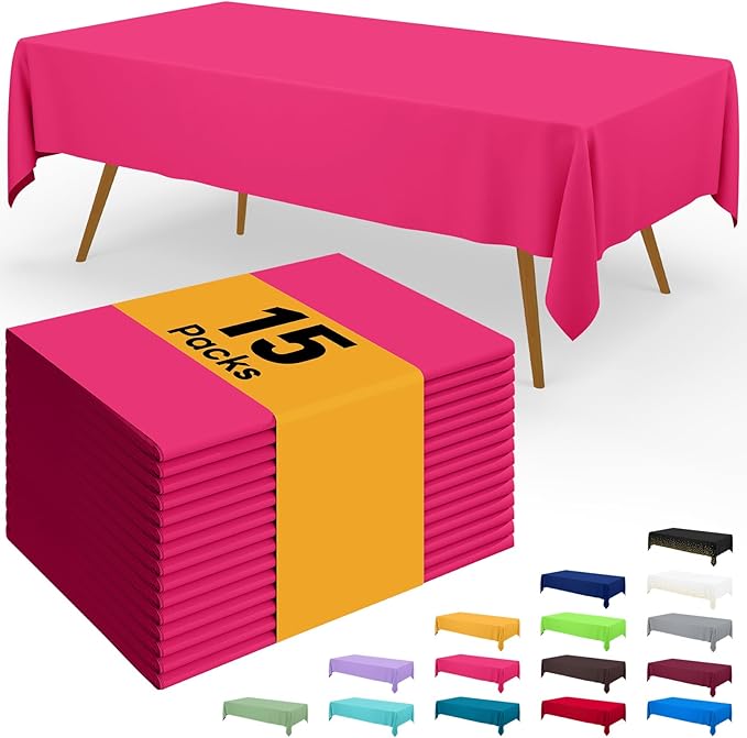 Smiry Disposable Table Cloth - 15 Pack, 54 x 108 Inch Waterproof Rectangle Tablecloths for Parties, Decorative Plastic Table Cover, Leakproof & Sturdy, Hot Pink