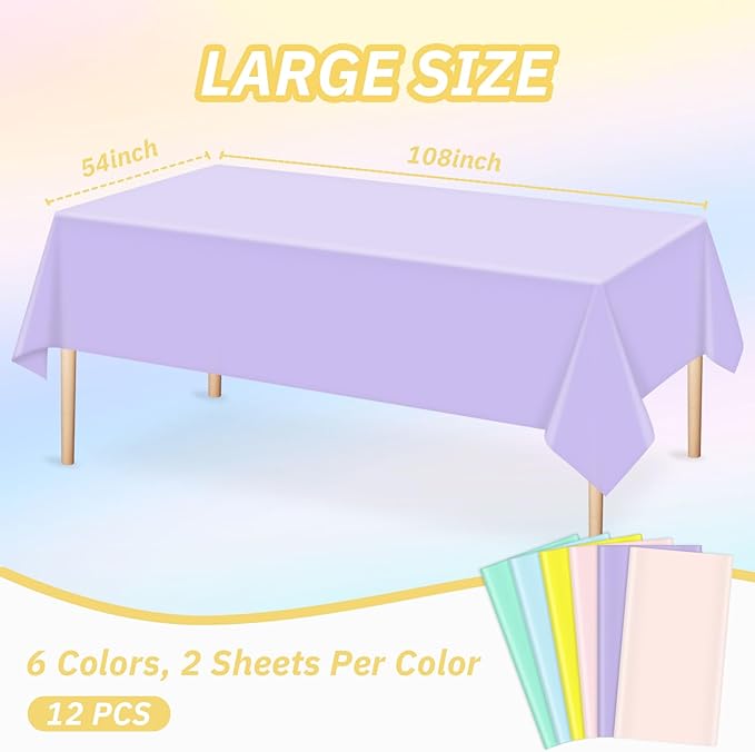 12 Pack Pastel Color Tablecloths, Pastel Plastic Table Cloths for Parties, 6 Color Pastel Party Decorations Set for Girls Birthday, Unicorn and Ice Cream, Baby Shower, Wedding Party, 54 x 108 Inch…