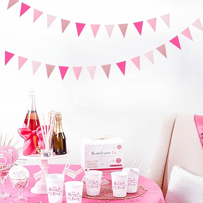 Hot-Pink Rose-Gold Party Decorations Banner - 2pcs Wedding Bridal Shower Hanging Paper Pennant Flags Streamers,Baby Girl Birthday Bachelorette Engagement Mohters Decor Lasting Surprise