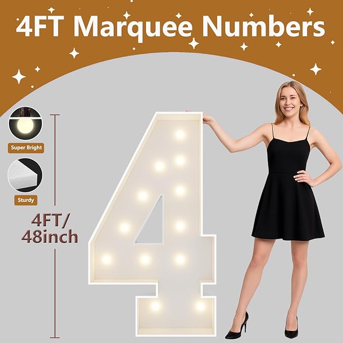 4FT Marquee Light Up Numbers, Giant Marquee Numbers, Pre-cut DIY Foam Board Number 4 for 4th 40th Birthday Decorations, 40th Anniversary Party Decor