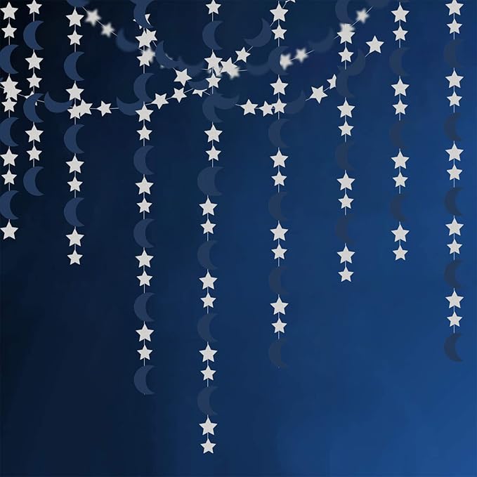 Navy-Blue Silver Moon-Star Party-Decorations Garland - 52Ft Twinkle Little Star Hanging Decoration Streamers Banner, Eid Ramadan Mubarak Decoration Birthday Wedding Baby Shower Party Decor Panduola