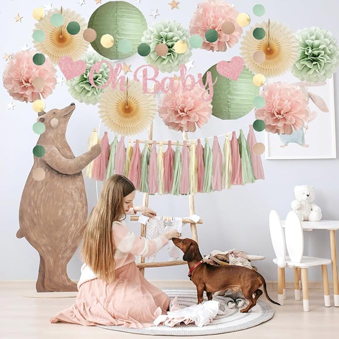 Sage Green and Blush Pink Baby Shower Decorations Oh Baby Shower Decorations for Girl Dusty Rose and Sage Green Beige Boho Pastel Dusty Pink Party Decorations with Cream Tassel Garland