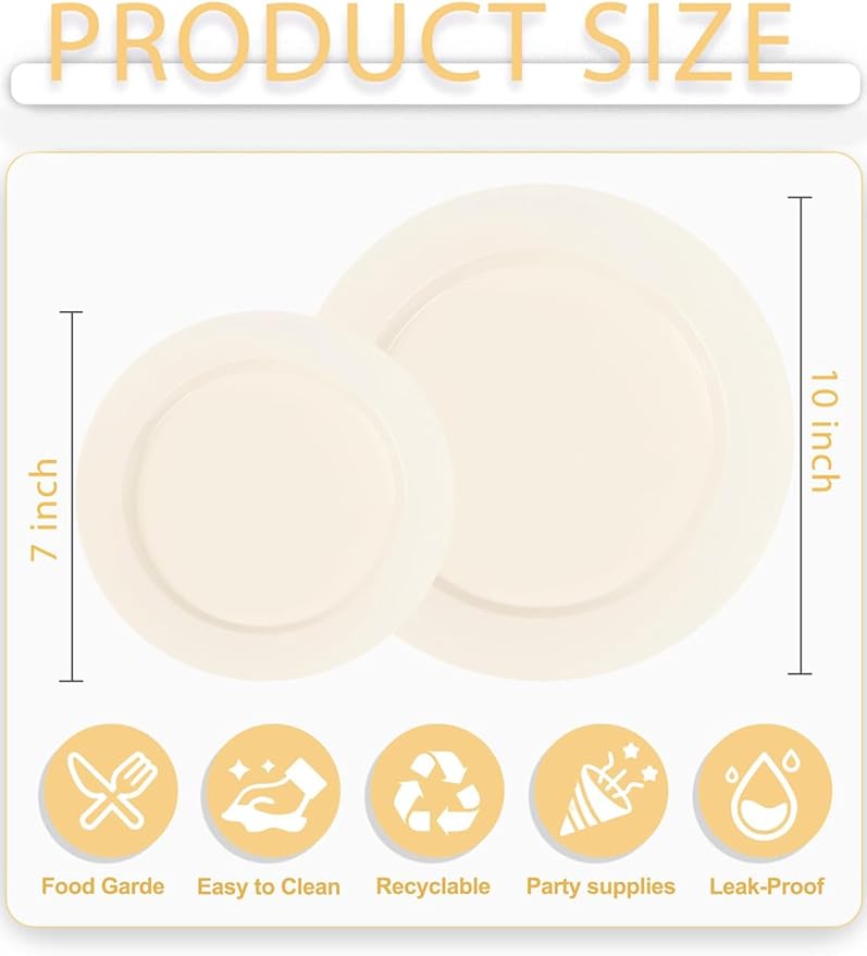 WDF 200PCS Ivory Plastic Plates - Elegant Ivory Disposable Plates for Party- Include 100 Dinner Plate 10inch and 100 Plastic Dessert Plate 7inch Perfect for Party Baby Shower Wedding Spring