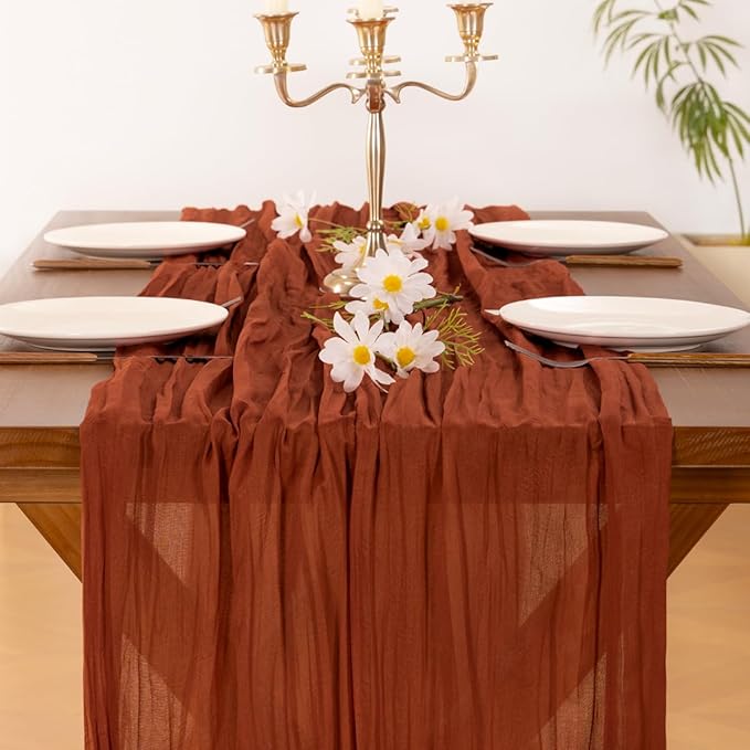 Socomi Terracotta Easter Spring Fall Cheesecloth Table Runner Boho Rustic Farmhouse Gauze 120 inch 10FT Cheese Cloth Runner for Wedding Party Baby Shower Birthday Home Decor Holiday Decorations