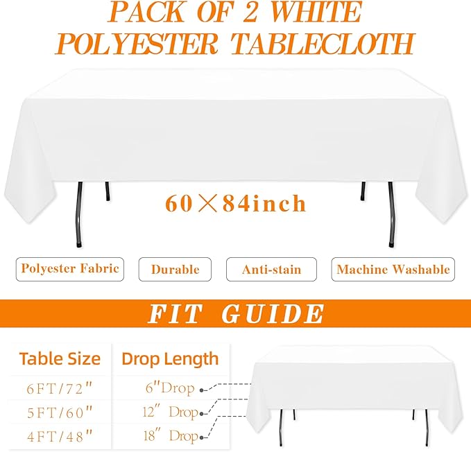 WIGENIUS 2 Pack White Table Cloth Rectangle Tablecloths 60X84 Inch,Polyester Table Cloth for 4 Foot Rectangle Tables,Wrinkle Resistant Washable Fabric Table Covers for Party,Wedding Banquet