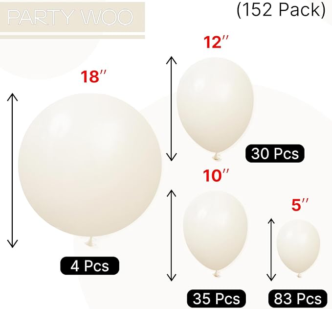 PartyWoo Beige Balloons 152pcs Different Sizes of 18 12 10 5 Inch Cream Ivory Balloon Arch Kit Garland for Wedding Bridal Graduation Baby Shower Easter Birthday Tea Boho Party Decorations White-Q08