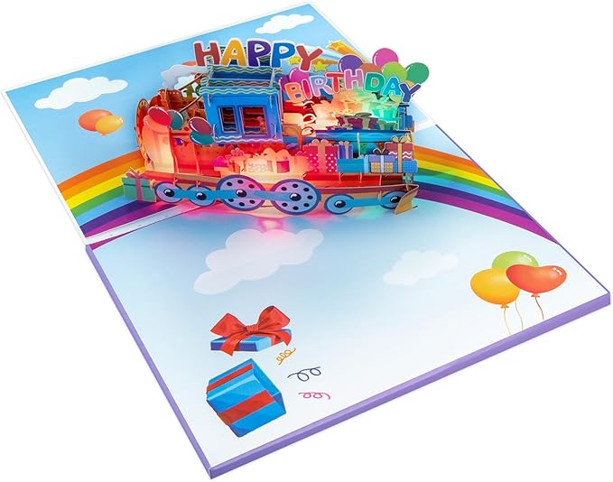 Rainbow Train Music Playing Pop Up Card Happy Birthday Greeting Card with LED Light,3D Birthday Gift for Adults and Kids with Blank Note Card & Envelope, Foldable Celebration Cards