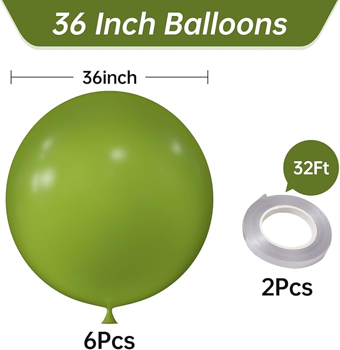 KALOR 36 Inch Giant Retro Olive Green Balloons, 6 Pack Large Round Retro Olive Green Latex Balloons for Anniversary, Birthday, Christmas, Wedding, Baby Shower Party Decorations
