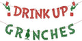 Christmas Banner Grinches Party Decorations Drink Up Banners Indoor, Glittery Christmas Decor Banner, Red Green Banner for Home Fireplace Decor