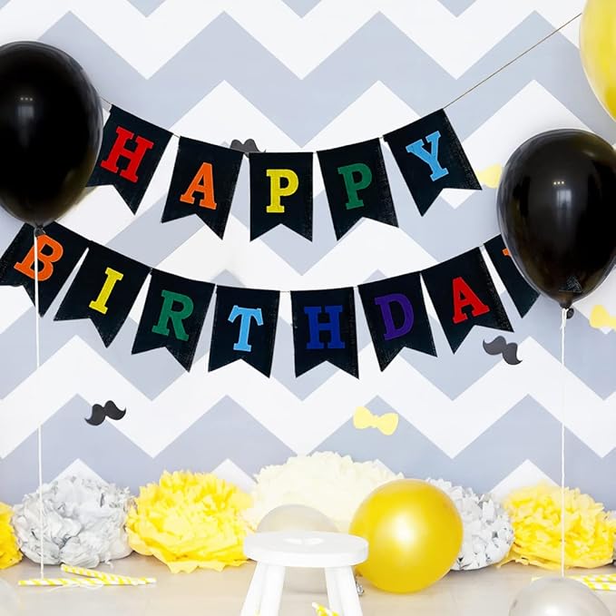 Colorful Happy Birthday Banner, Pre-strung Burlap Rainbow Happy Birthday Sign - Multi Color Reusable Birthday Party Decorations for Kids Boys Girls