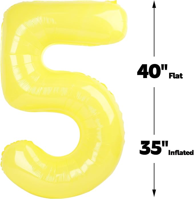 Large Yellow 40 Inch Birthday Number 5 Balloon, Yellow Five 5th 15 25 35 50 55 Birthday Anniversary Celebration Decorations, Foil Mylar Helium Numbers 5 Balloons Girl Boy Party Supplies