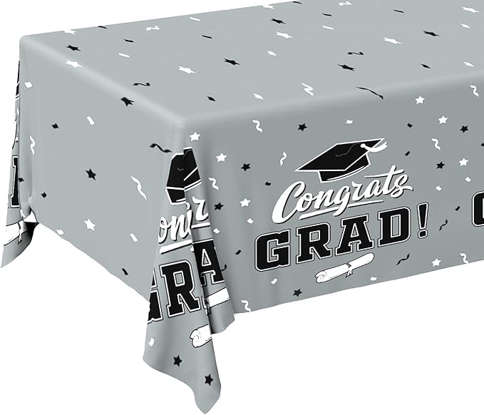 Gatherfun Graduation Party Decorations, Gongrats Grad Tablecover for Graduation Party Supplies, 3 pcs Silver Table Cloths, 54"x108"