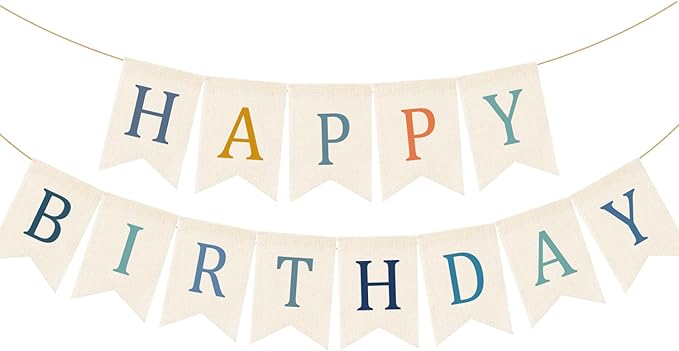Doumeny Happy Birthday Burlap Banner Boho Birthday Bunting Garland Blue Bohemian Sign Flag White Birthday Hanging Banner Pastel Rainbow Party Decor for Home Mantel Fireplace Nursery Party Backdrop