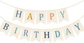 Doumeny Happy Birthday Burlap Banner Boho Birthday Bunting Garland Blue Bohemian Sign Flag White Birthday Hanging Banner Pastel Rainbow Party Decor for Home Mantel Fireplace Nursery Party Backdrop