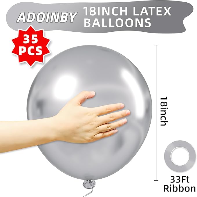 18 Inch Metallic Silver Balloons - 35pcs Large Thick Chrome Silver Balloons for Birthday, Baby Shower, Wedding, Graduation, Summer Themed Party Decorations