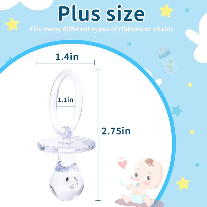 Pacifiers for Baby Shower Game, 36PCS Plastic Pacifiers for Baby Shower Decoration DIY, Large Size Baby Shower Pacifiers, Gender Reveal Party Table Scatter/Hunt Baby Shower Game Props(Clear, 2.75 in)