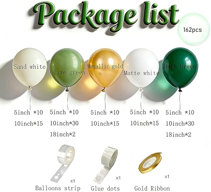 Emerald Green White Gold Balloons Arch Kit, Dark Green Sage Dusty Olive Green Sand White Gold Balloons Garland for Birthday Wedding Jungle Safari Party