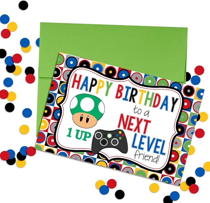 Next Level Friend Video Game Birthday Pun Themed Single (1) All Occasion Blank Birthday Card To Send To Friends & Family, 4"x 6" (when folded) Fill In Greeting Note Card by AmandaCreation