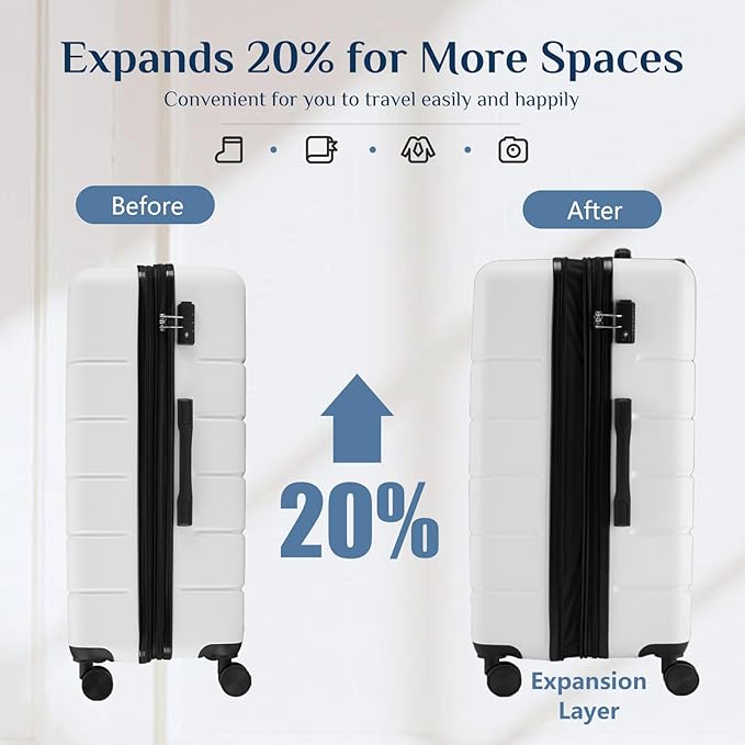 OLIXIS 3-Piece Luggage Set, Carry On Suitcases with Spinner Wheels, Expandable Travel Luggage with TSA Approved Lock & ABS Hard Shell, White(20/24/28 Inch)